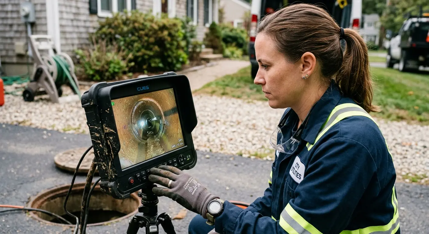 Technician reviewing sewer camera inspection footage in Rolesville