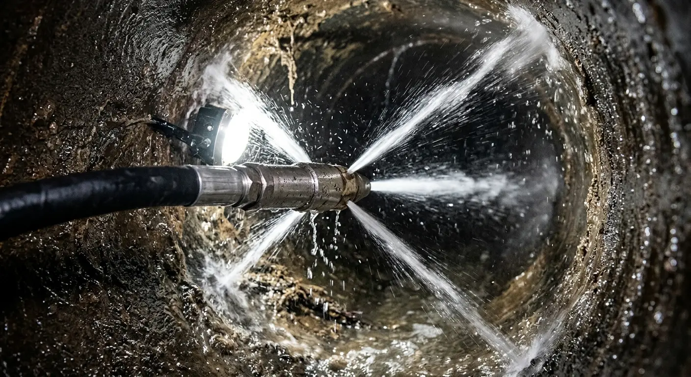 High-pressure hydro jetting nozzle cleaning sewer pipe for Trenchless Sewer Repair in Rolesville