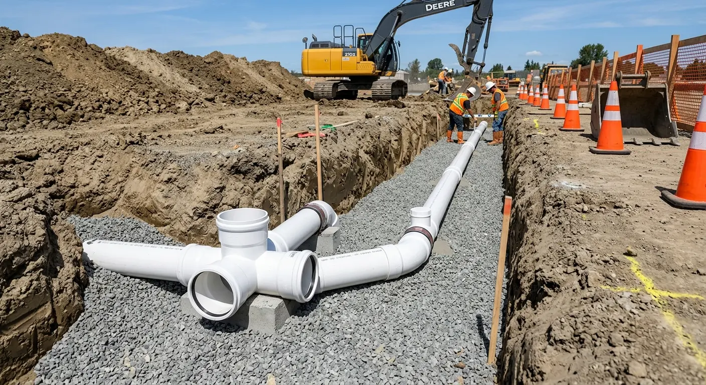 New PVC sewer pipe installation in open trench for Commercial Drain Cleaning in Rolesville